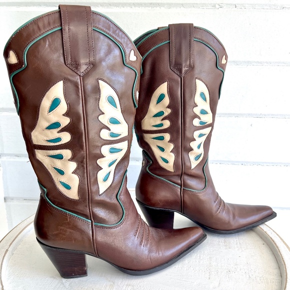 VTG. NINE WEST Cowboy Boots in Brown & Cream Butterfly & Hearts Design - 8 1/2M